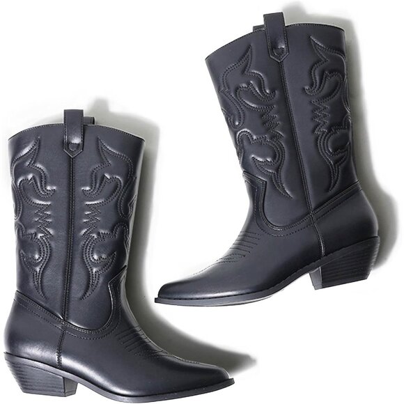 Women Polyurethane Black Mid Calf Low Heel Pointed Toe Cowgirl Western Boot - Picture 3 of 9